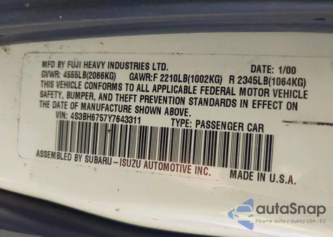 2000 Subaru Outback z USA, uszkodzony, nr VIN 4S3BH6757Y7643311